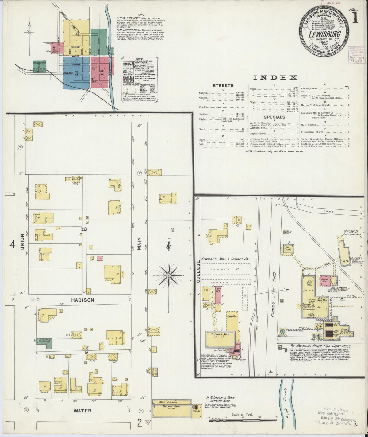 Sanborn Fire Insurance Map from Lewisburg, Marshall County, Tennessee (1907), Sheet #0001 - Complete Map Set gallery image, historic Sanborn map, vintage wall art, Tennessee Tennessee