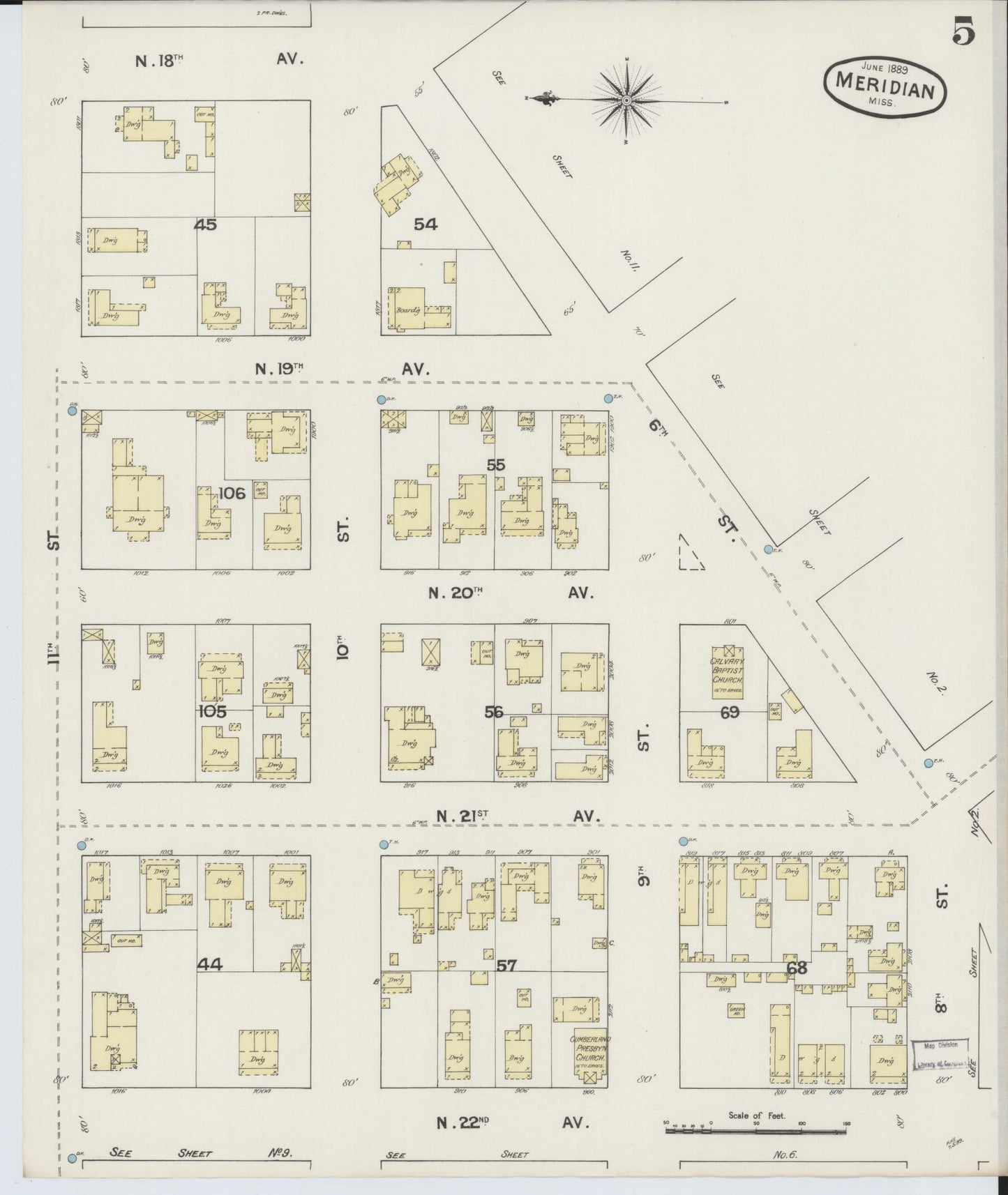 Sanborn Fire Insurance Map from Meridian, Lauderdale County, Mississippi (1889), Sheet #0005 - Historic Sanborn Fire Insurance Map Print, vintage old map wall art, antique decor, genealogy gift, Mississippi Mississippi map