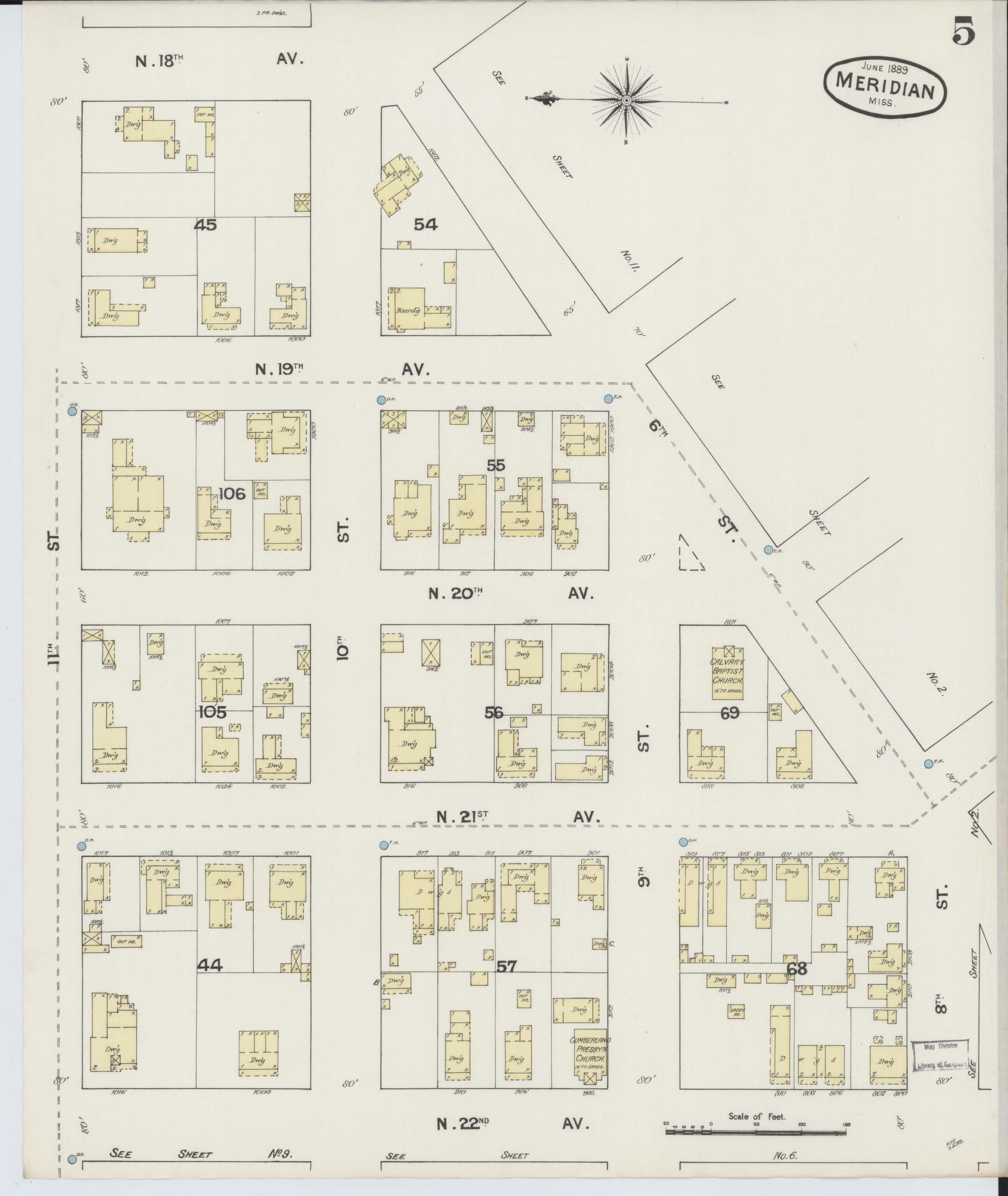 Sanborn Fire Insurance Map from Meridian, Lauderdale County, Mississippi (1889), Sheet #0005 - Historic Sanborn Fire Insurance Map Print, vintage old map wall art, antique decor, genealogy gift, Mississippi Mississippi map