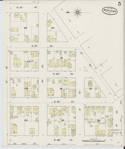 Sanborn Fire Insurance Map from Meridian, Lauderdale County, Mississippi (1889), Sheet #0005 - Historic Sanborn Fire Insurance Map Print, vintage old map wall art, antique decor, genealogy gift, Mississippi Mississippi map