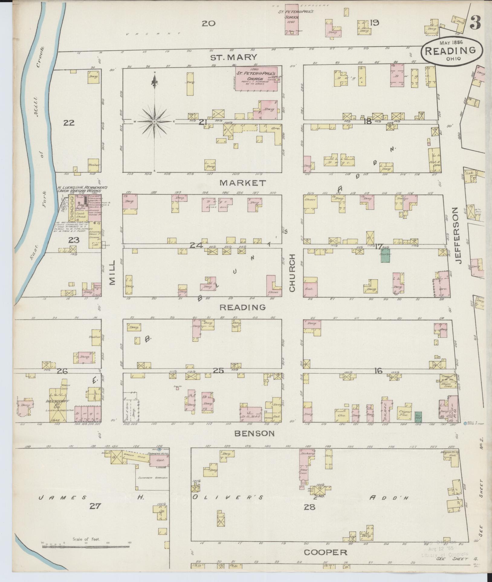 Sanborn Fire Insurance Map from Reading, Hamilton County, Ohio (1886), Sheet #0003 - Historic Sanborn Fire Insurance Map Print, vintage old map wall art, antique decor, genealogy gift, Ohio Ohio map