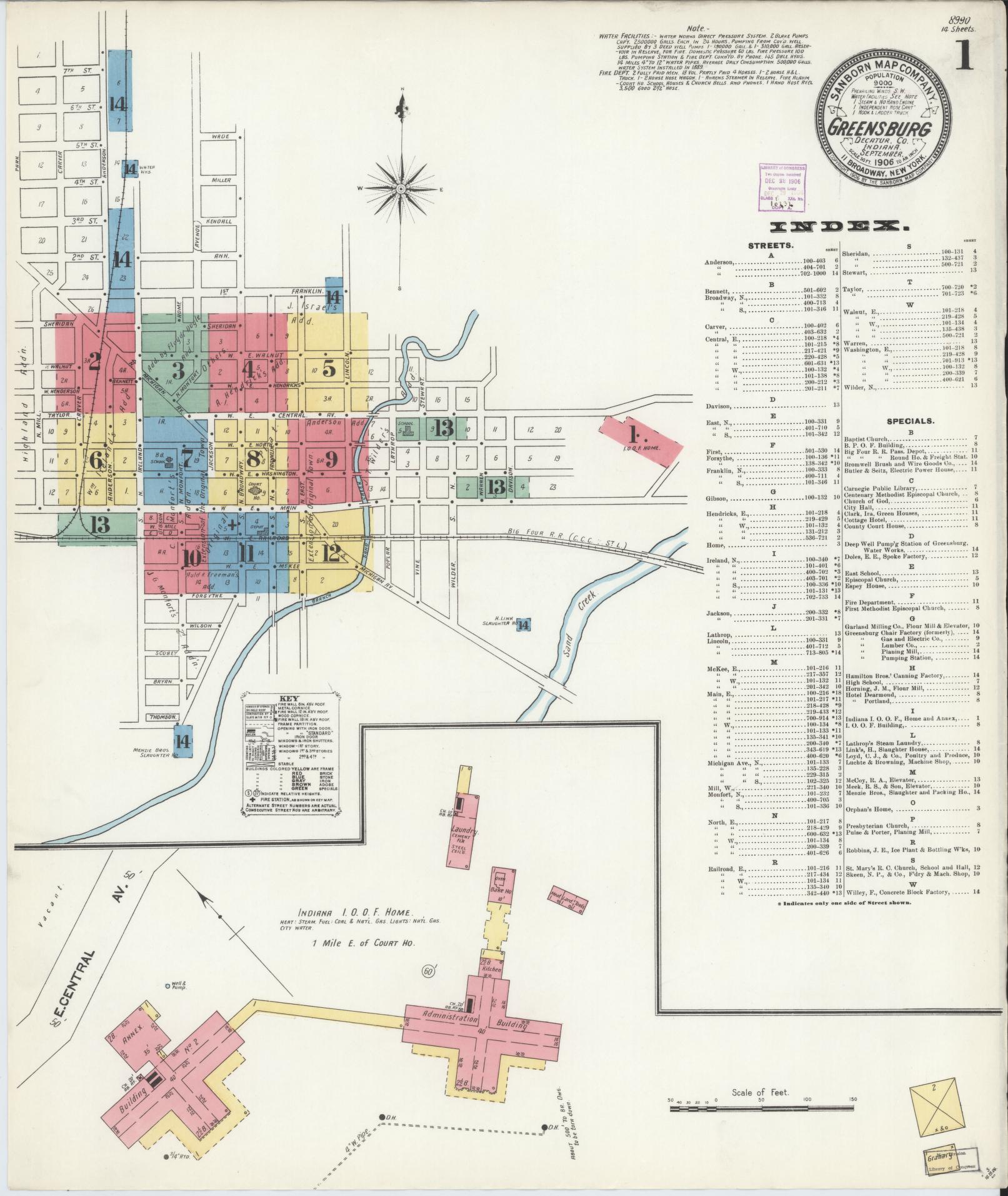 Sanborn Fire Insurance Map from Greensburg, Decatur County, Indiana (1906), Sheet #0001 - Complete Map Set gallery image, historic Sanborn map, vintage wall art, Indiana Indiana
