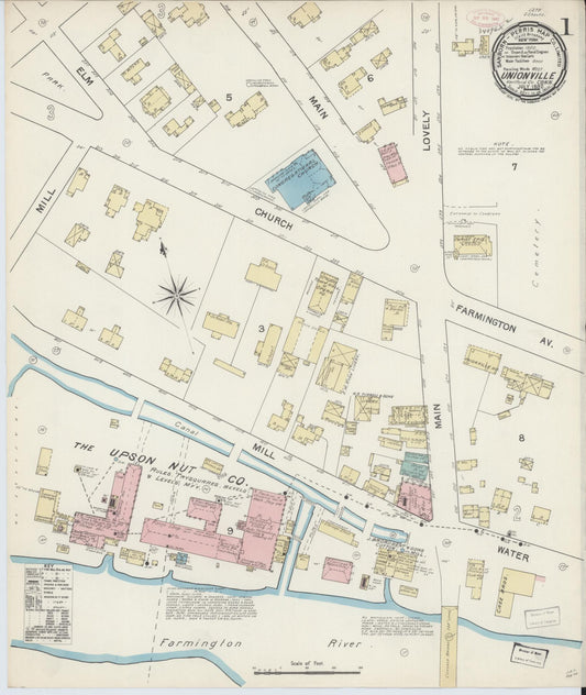 Sanborn Fire Insurance Map from Unionville, Hartford County, Connecticut (1892), Sheet #0001 - Historic Sanborn Fire Insurance Map Print, vintage old map wall art, antique decor, genealogy gift, Connecticut Connecticut map