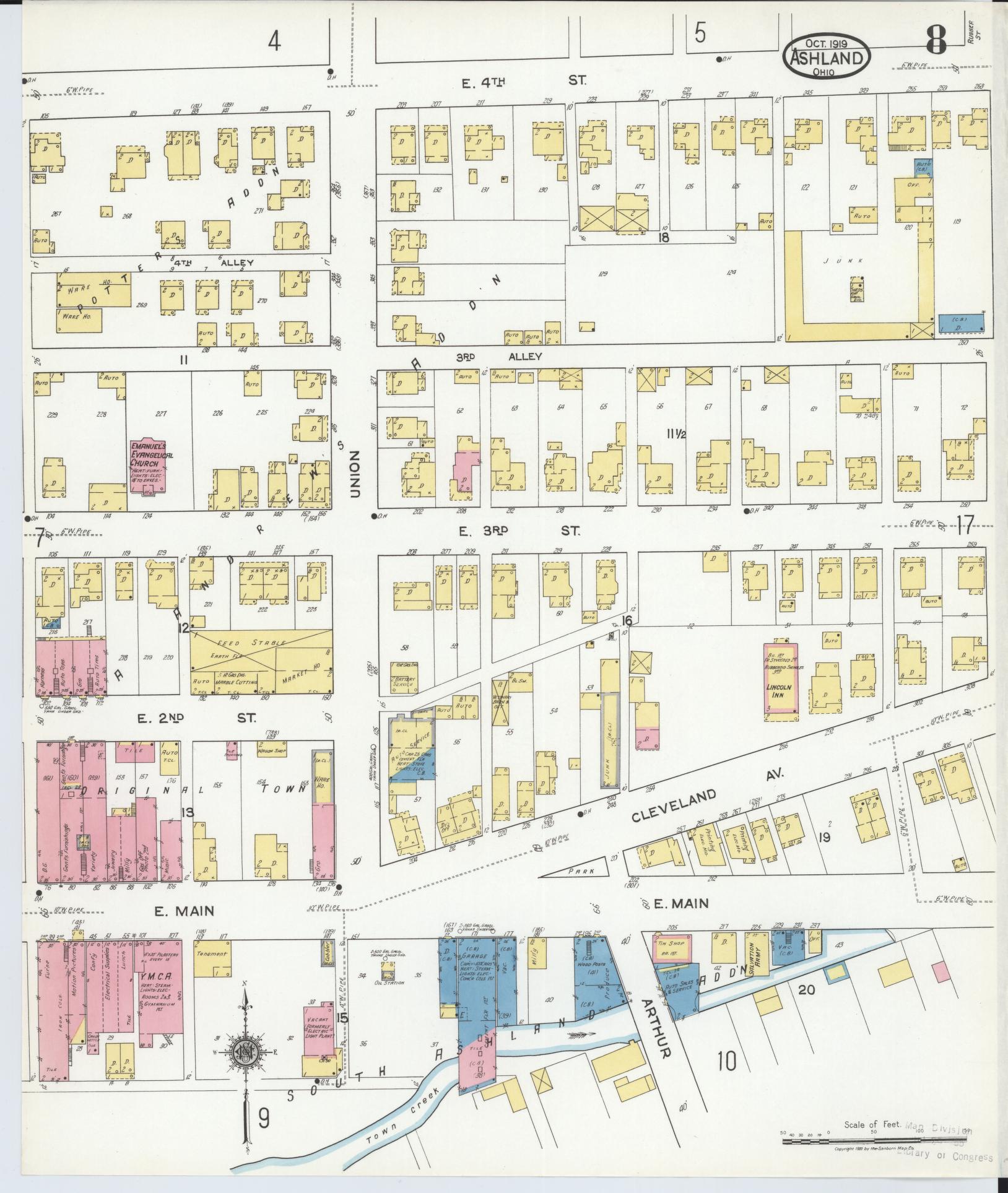 Sanborn Fire Insurance Map from Ashland, Ashland County, Ohio (1919), Sheet #0008 - Historic Sanborn Fire Insurance Map Print, vintage old map wall art, antique decor, genealogy gift, Ohio Ohio map