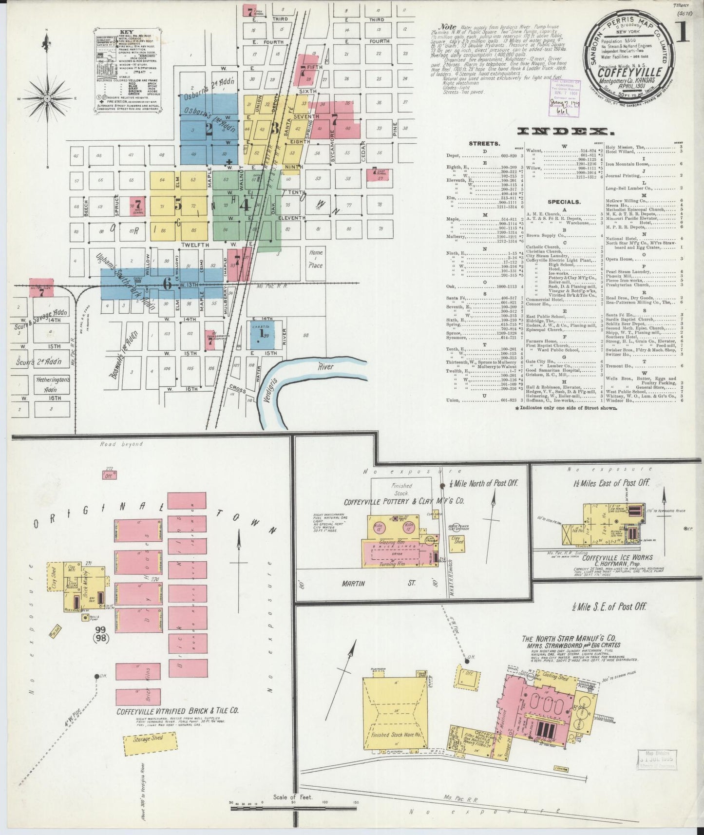 Sanborn Fire Insurance Map from Coffeyville, Montgomery County, Kansas (1901), Sheet #0001 - Historic Sanborn Fire Insurance Map Print, vintage old map wall art, antique decor, genealogy gift, Kansas Kansas map