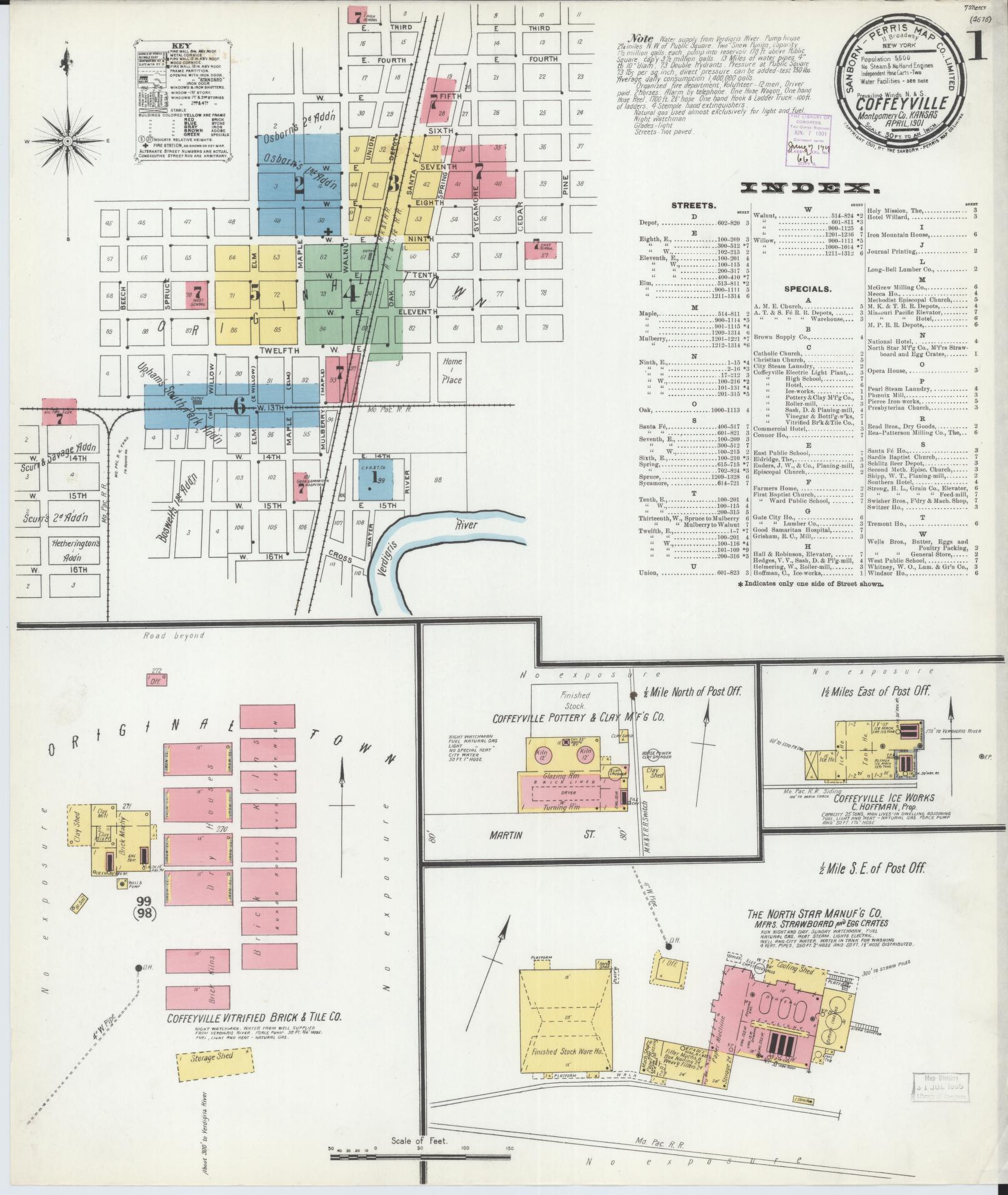 Sanborn Fire Insurance Map from Coffeyville, Montgomery County, Kansas (1901), Sheet #0001 - Historic Sanborn Fire Insurance Map Print, vintage old map wall art, antique decor, genealogy gift, Kansas Kansas map