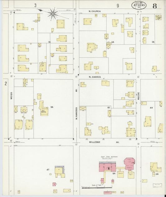 Sanborn Fire Insurance Map from Athens, Clarke County, Georgia (1908), Sheet #0008 - Historic Sanborn Fire Insurance Map Print, vintage old map wall art, antique decor, genealogy gift, Georgia Georgia map