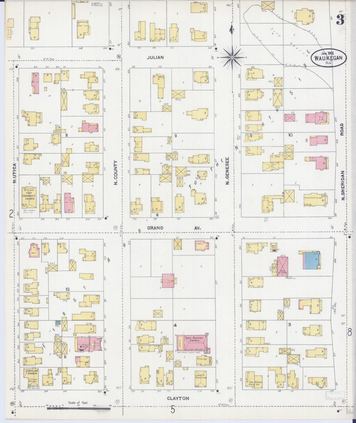 Sanborn Fire Insurance Map from Waukegan, Lake County, Illinois (1906), Sheet #0003 - Complete Map Set gallery image, historic Sanborn map, vintage wall art, Illinois Illinois