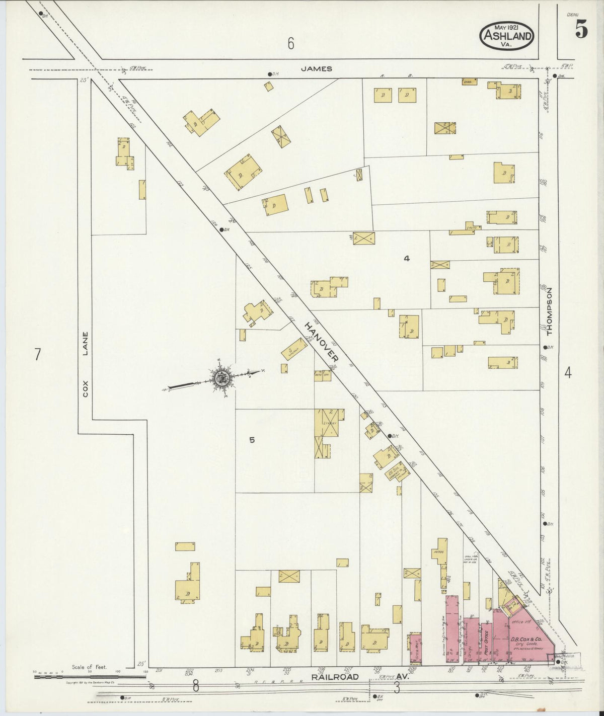 Sanborn Fire Insurance Map from Ashland, Hanover County, Virginia (1921), Sheet #0005 - Complete Map Set gallery image, historic Sanborn map, vintage wall art, Virginia Virginia