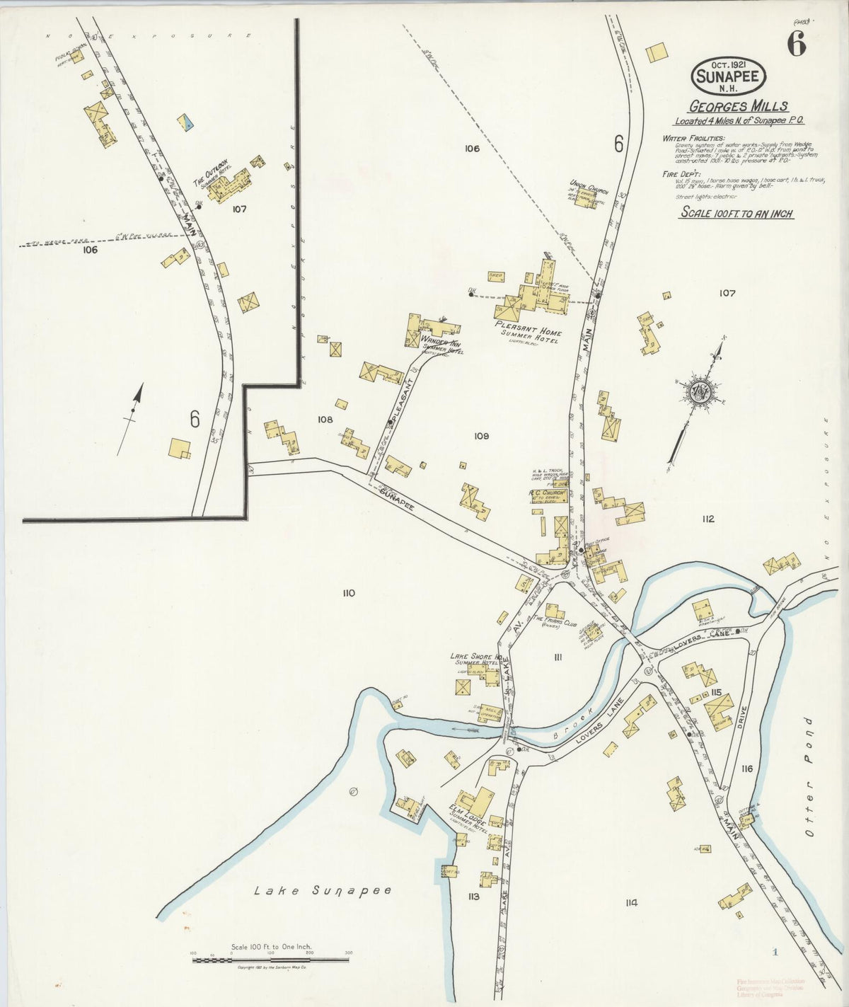 Sanborn Fire Insurance Map from Sunapee, Sullivan County, New Hampshire (1921), Sheet #0006 - Historic Sanborn Fire Insurance Map Print, vintage old map wall art, antique decor, genealogy gift, New Hampshire New Hampshire map