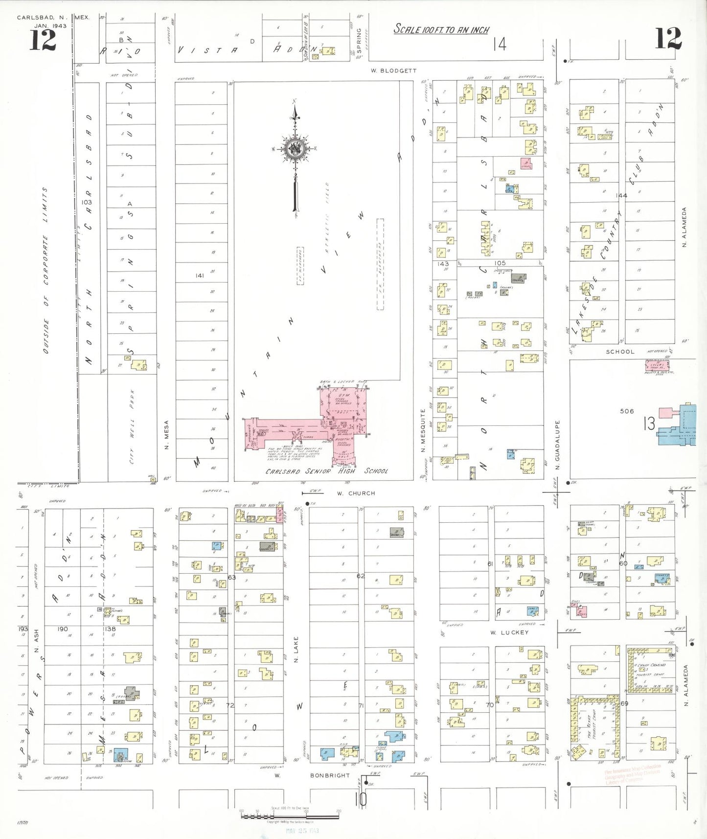 Sanborn Fire Insurance Map from Carlsbad, Eddy County, New Mexico (1943), Sheet #0012 - Complete Map Set gallery image, historic Sanborn map, vintage wall art, New Mexico New Mexico