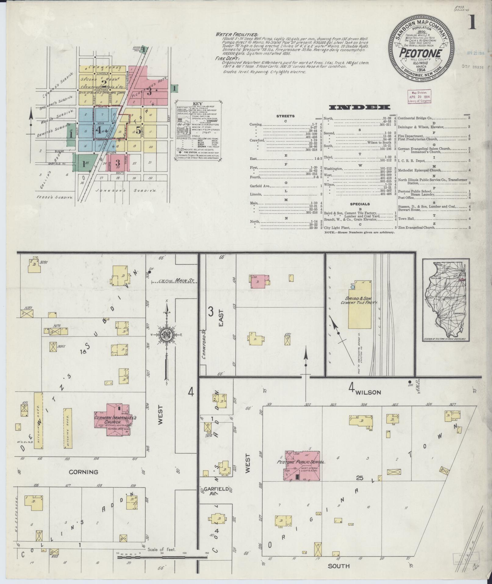 Sanborn Fire Insurance Map from Peotone, Will County, Illinois (1914), Sheet #0001 - Historic Sanborn Fire Insurance Map Print, vintage old map wall art, antique decor, genealogy gift, Illinois Illinois map
