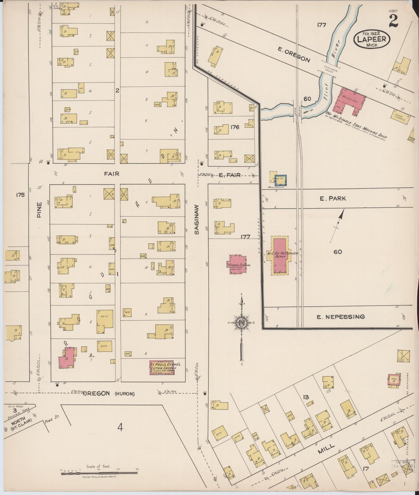 Sanborn Fire Insurance Map from Lapeer, Lapeer County, Michigan (1922), Sheet #0002 - Complete Map Set gallery image, historic Sanborn map, vintage wall art, Michigan Michigan