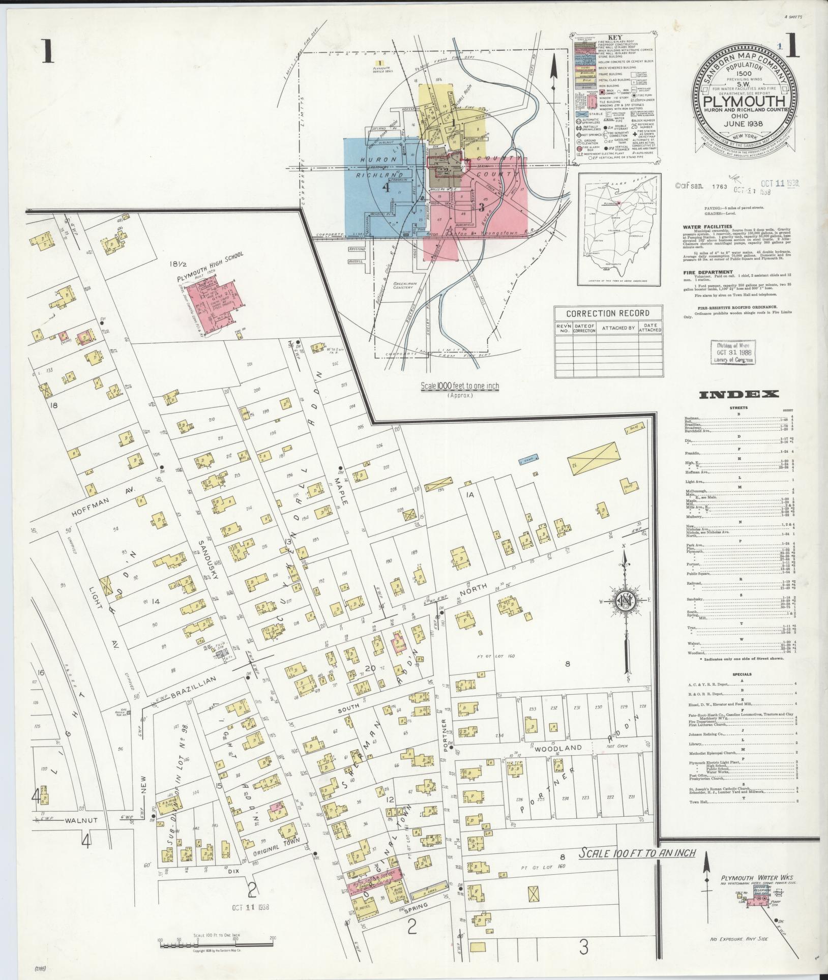 Sanborn Fire Insurance Map from Plymouth, Huron And Richland Counties, Ohio (1938), Sheet #0001 - Complete Map Set gallery image, historic Sanborn map, vintage wall art, Ohio Ohio