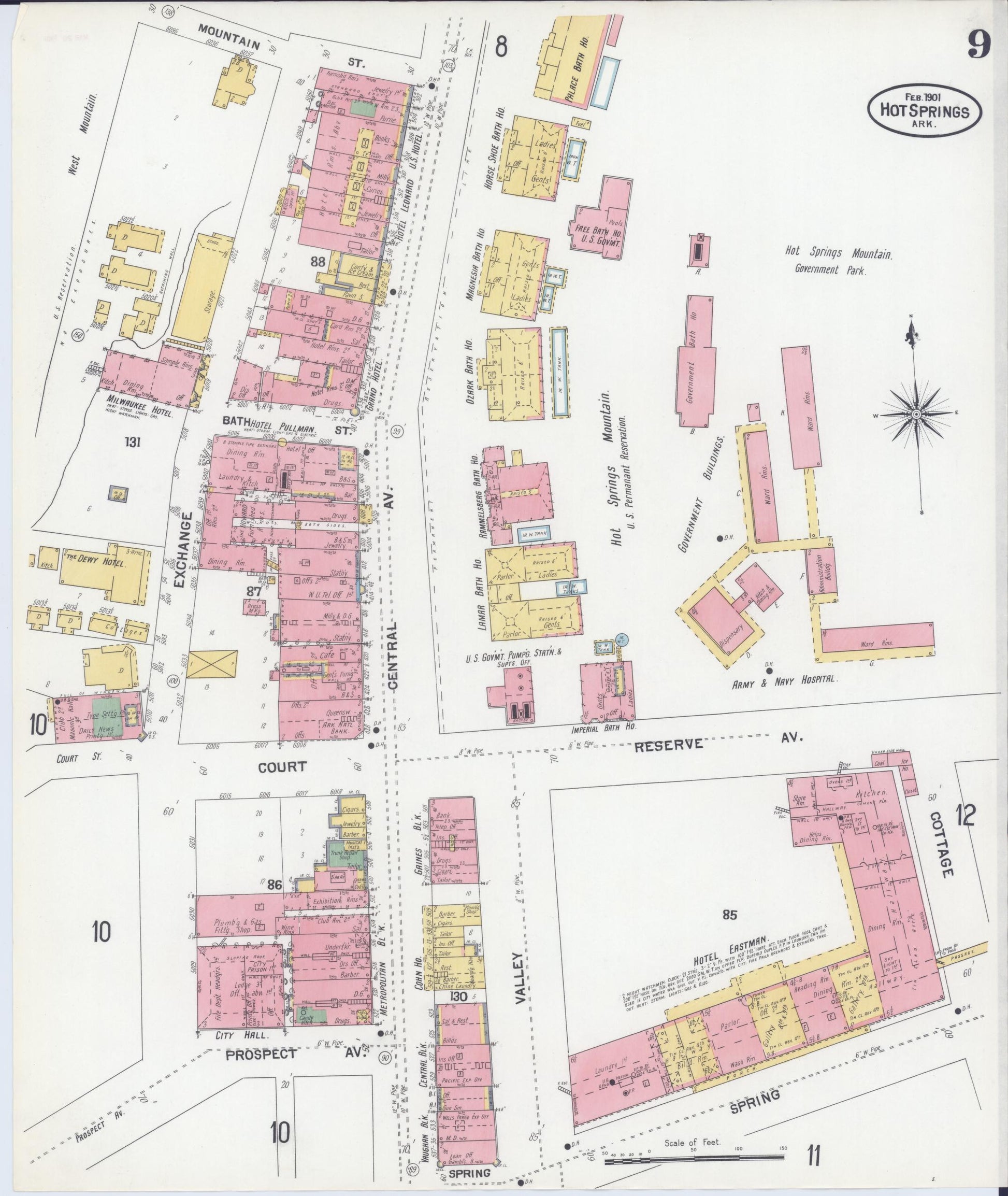 Sanborn Fire Insurance Map from Hot Springs, Garland County, Arkansas (1901), Sheet #0009 - Complete Map Set gallery image, historic Sanborn map, vintage wall art, Arkansas Arkansas