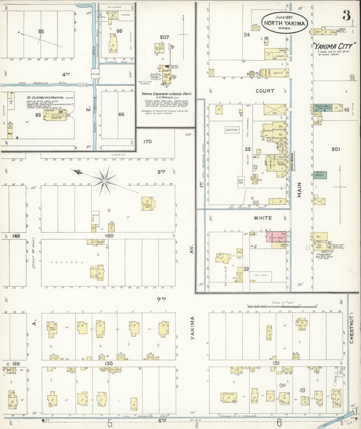 Sanborn Fire Insurance Map from North Yakima, Yakima County, Washington (1897), Sheet #0003 - Complete Map Set gallery image, historic Sanborn map, vintage wall art, Washington Washington