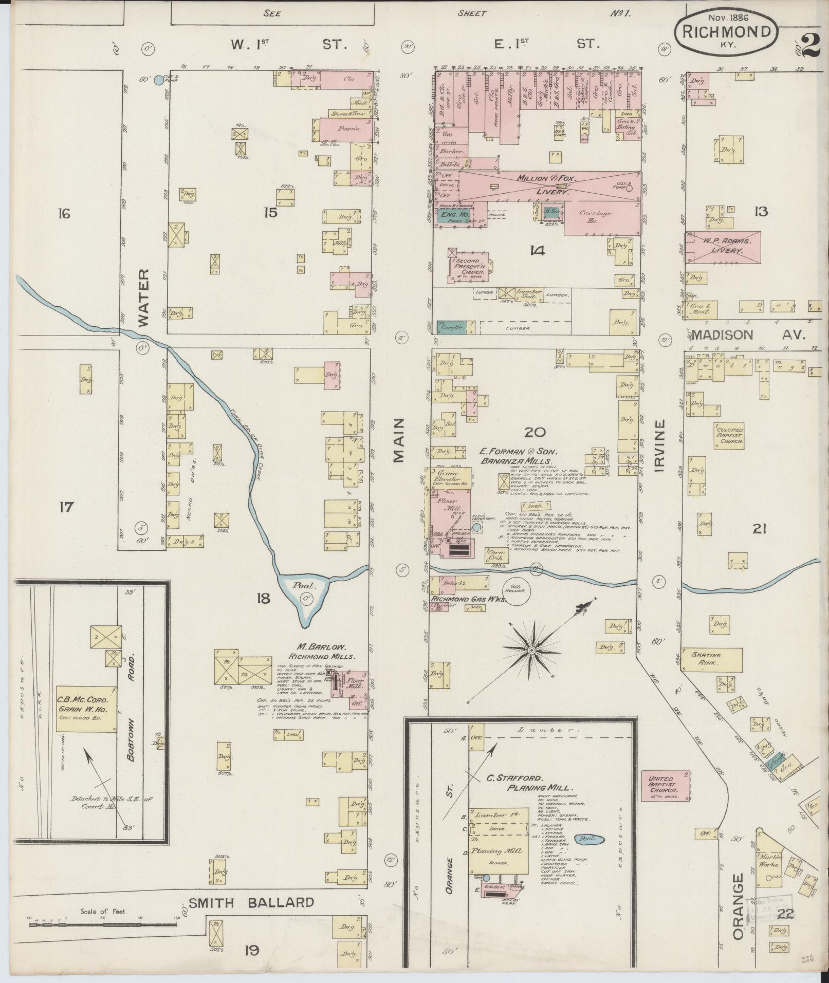 Sanborn Fire Insurance Map from Richmond, Madison County, Kentucky (1886), Sheet #0002 - Complete Map Set gallery image, historic Sanborn map, vintage wall art, Kentucky Kentucky