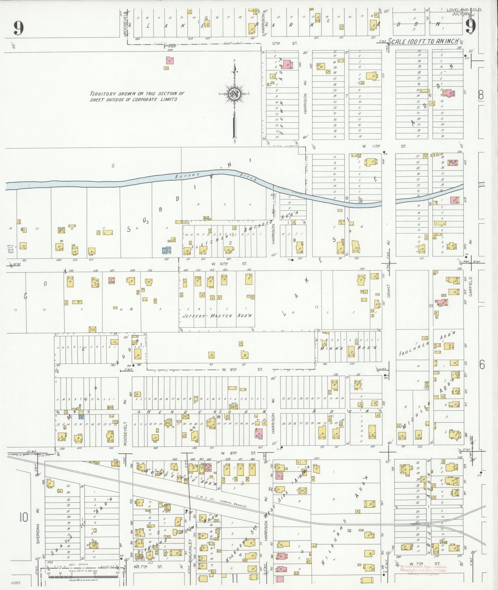 Sanborn Fire Insurance Map from Loveland, Larimer County, Colorado (1937), Sheet #0009 - Historic Sanborn Fire Insurance Map Print, vintage old map wall art, antique decor, genealogy gift, Colorado Colorado map
