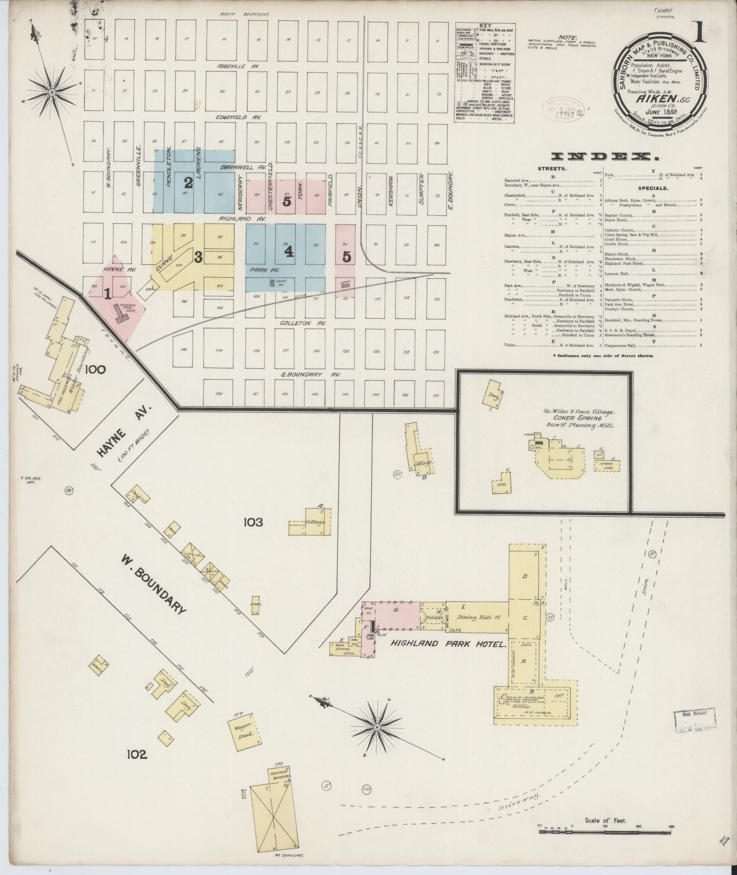 Sanborn Fire Insurance Map from Aiken, Aiken County, South Carolina (1889), Sheet #0001 - Complete Map Set gallery image, historic Sanborn map, vintage wall art, South Carolina South Carolina