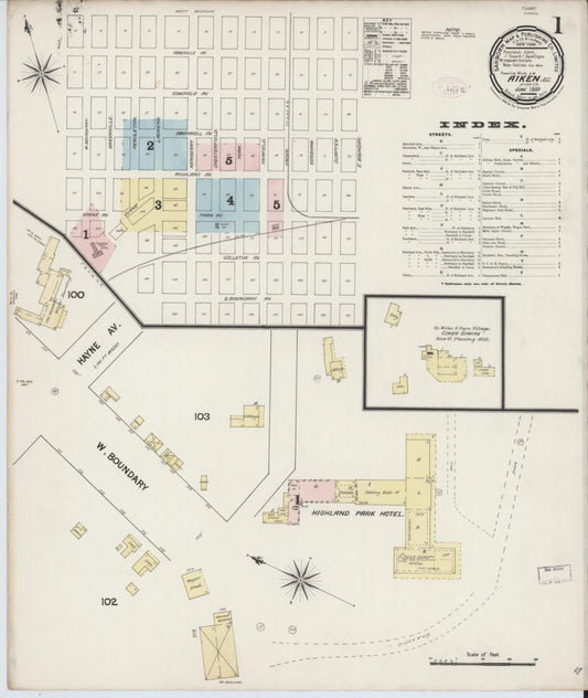 Sanborn Fire Insurance Map from Aiken, Aiken County, South Carolina (1889), Sheet #0001 - Complete Map Set gallery image, historic Sanborn map, vintage wall art, South Carolina South Carolina