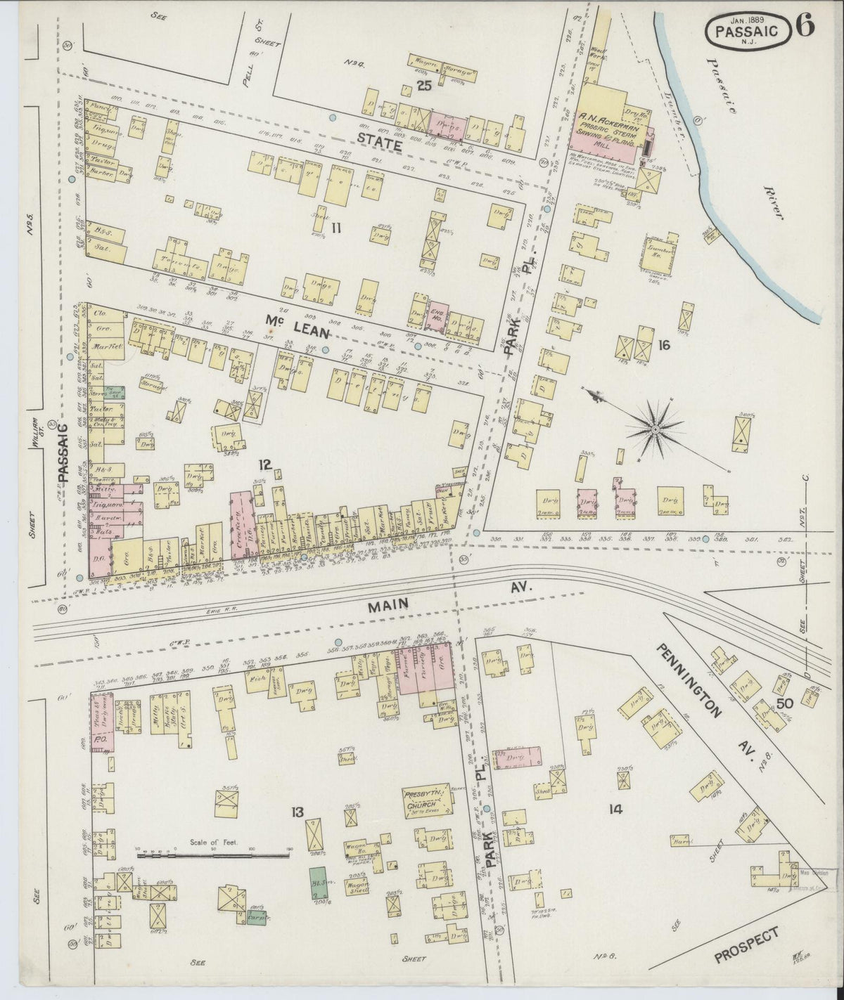 Sanborn Fire Insurance Map from Passaic, Passaic County, New Jersey (1889), Sheet #0006 - Historic Sanborn Fire Insurance Map Print, vintage old map wall art, antique decor, genealogy gift, New Jersey New Jersey map