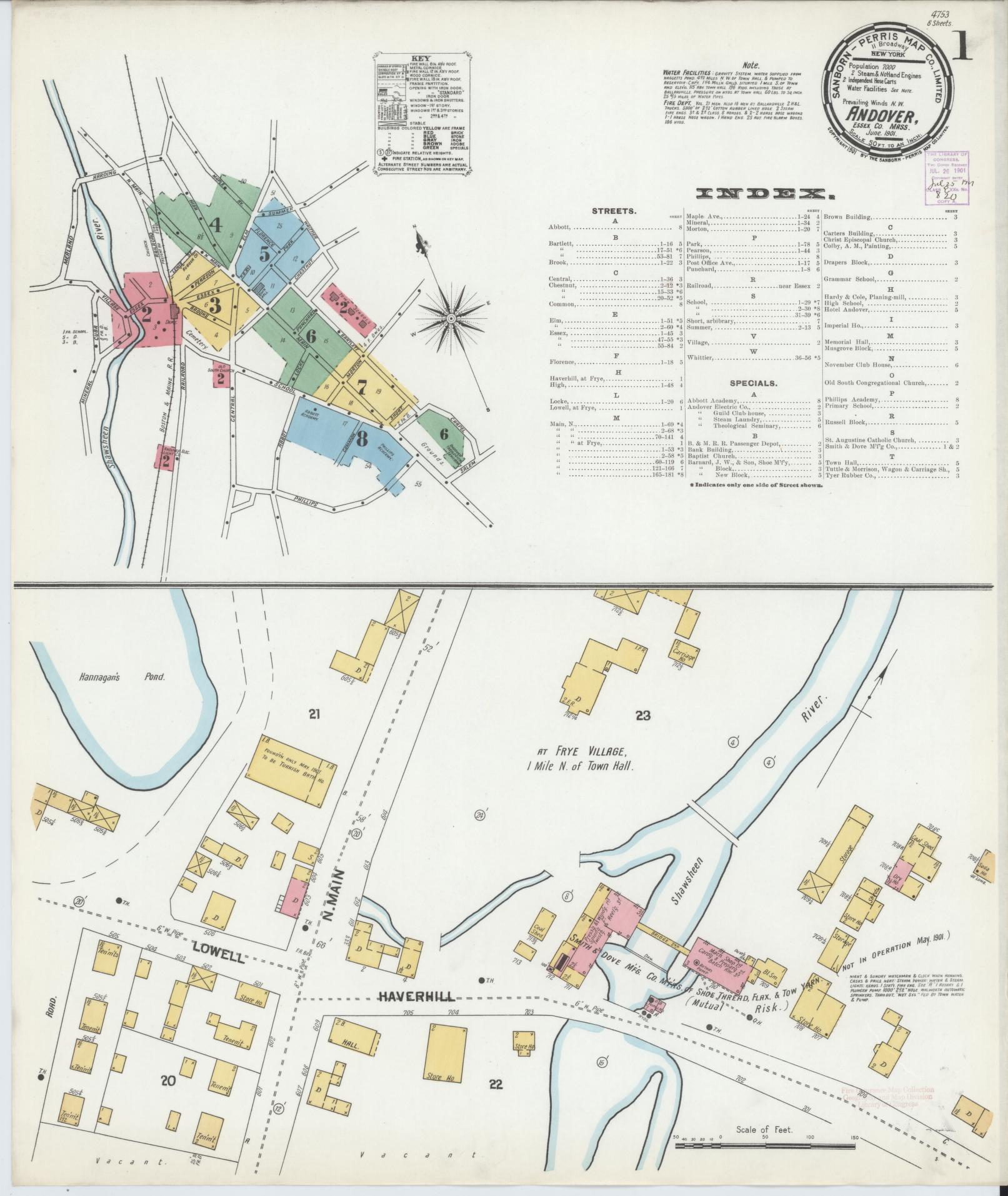 Sanborn Fire Insurance Map from Andover, Essex County, Massachusetts (1901), Sheet #0001 - Complete Map Set gallery image, historic Sanborn map, vintage wall art, Massachusetts Massachusetts
