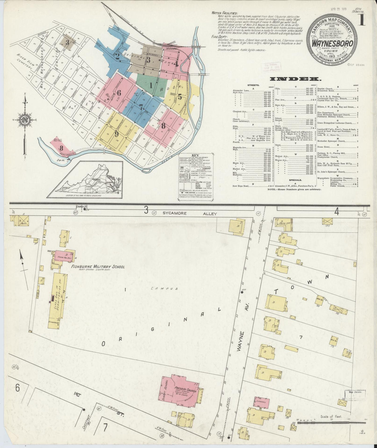 Sanborn Fire Insurance Map from Waynesboro, Independent Cities, Virginia (1913), Sheet #0001 - Historic Sanborn Fire Insurance Map Print, vintage old map wall art, antique decor, genealogy gift, Virginia Virginia map