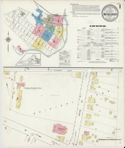 Sanborn Fire Insurance Map from Waynesboro, Independent Cities, Virginia (1913), Sheet #0001 - Historic Sanborn Fire Insurance Map Print, vintage old map wall art, antique decor, genealogy gift, Virginia Virginia map