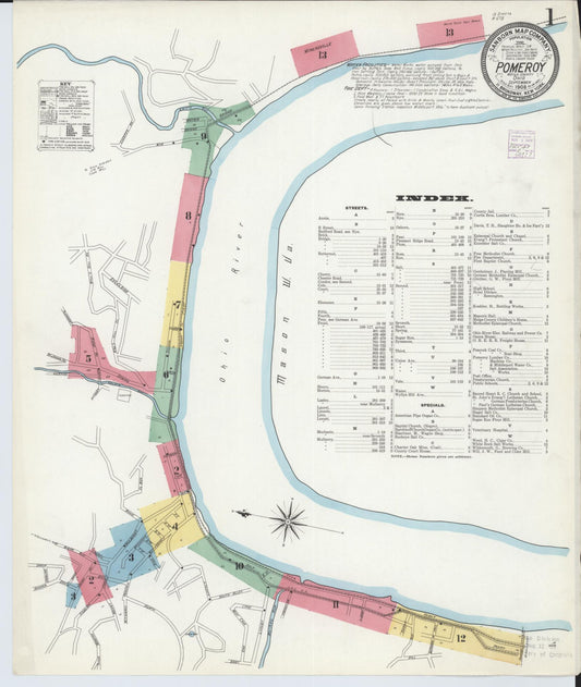Sanborn Fire Insurance Map from Pomeroy, Meigs County, Ohio (1908), Sheet #0001 - Complete Map Set gallery image, historic Sanborn map, vintage wall art, Ohio Ohio