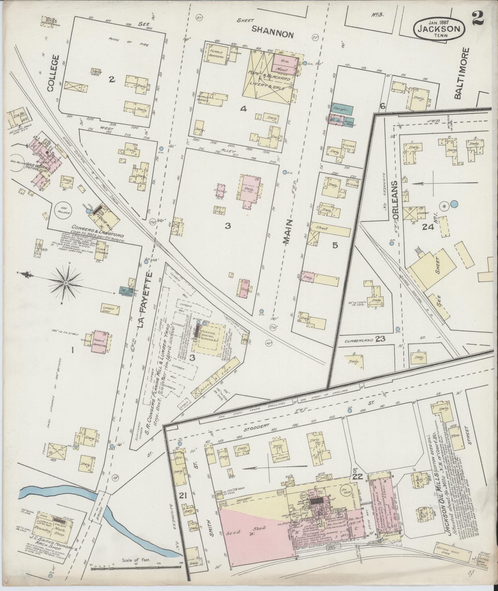 Sanborn Fire Insurance Map from Jackson, Madison County, Tennessee (1887), Sheet #0002 - Complete Map Set gallery image, historic Sanborn map, vintage wall art, Tennessee Tennessee