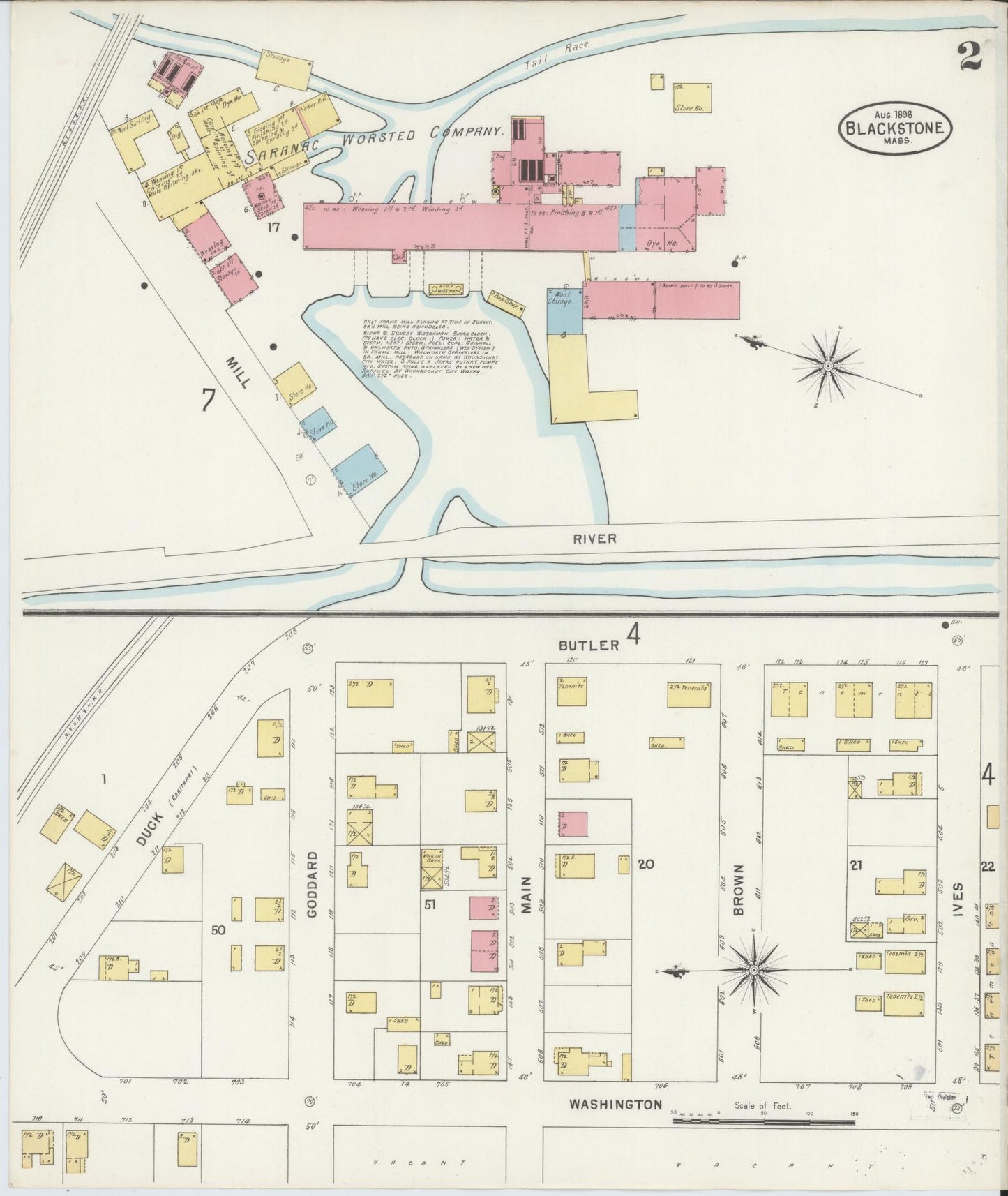 Sanborn Fire Insurance Map from Blackstone, Worcester County, Massachusetts (1898), Sheet #0002 - Historic Sanborn Fire Insurance Map Print, vintage old map wall art, antique decor, genealogy gift, Massachusetts Massachusetts map