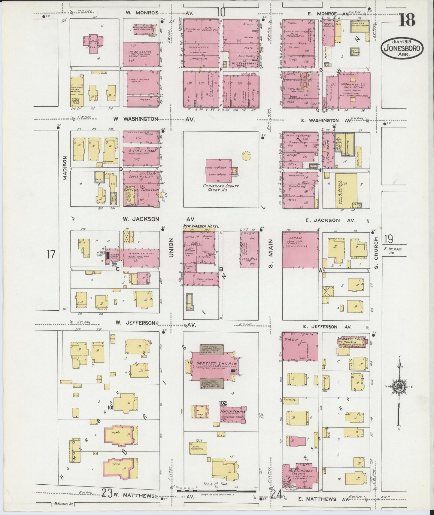 Sanborn Fire Insurance Map from Jonesboro, Craighead County, Arkansas (1919), Sheet #0018 - Historic Sanborn Fire Insurance Map Print, vintage old map wall art, antique decor, genealogy gift, Arkansas Arkansas map