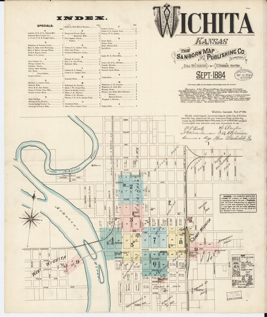 Sanborn Fire Insurance Map from Wichita, Sedgwick County, Kansas (1884), Sheet #0001 - Historic Sanborn Fire Insurance Map Print, vintage old map wall art, antique decor, genealogy gift, Kansas Kansas map