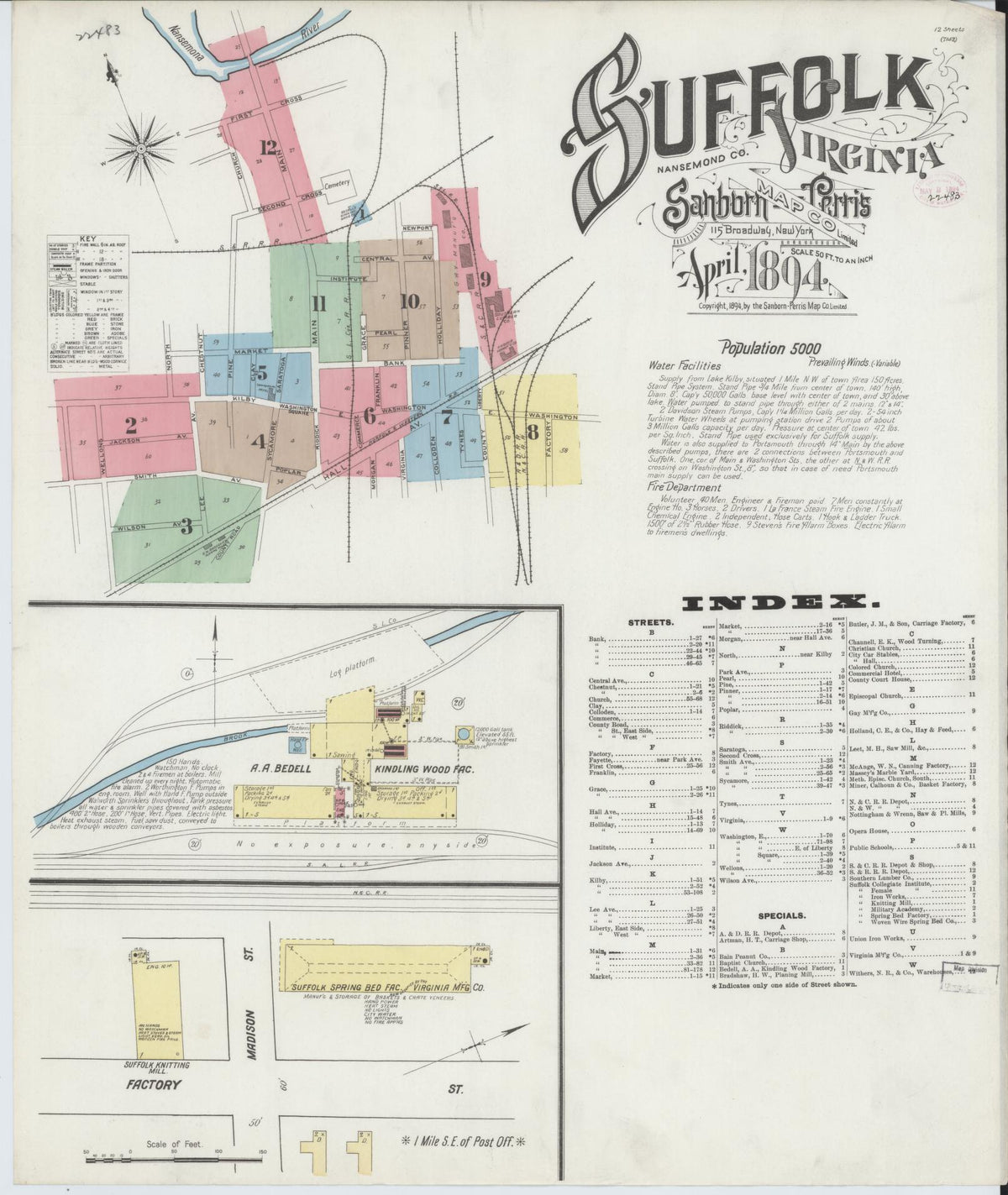 Sanborn Fire Insurance Map from Suffolk, Independent Cities, Virginia (1894), Sheet #0001 - Historic Sanborn Fire Insurance Map Print, vintage old map wall art, antique decor, genealogy gift, Virginia Virginia map