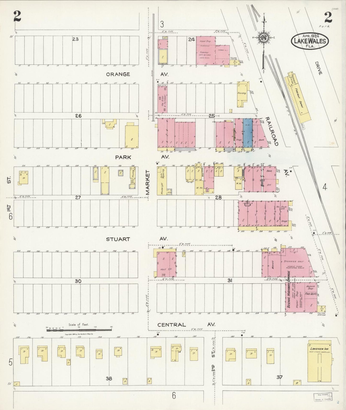 Sanborn Fire Insurance Map from Lake Wales, Polk County, Florida (1924), Sheet #0002 - Complete Map Set gallery image, historic Sanborn map, vintage wall art, Florida Florida