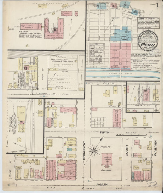 Sanborn Fire Insurance Map from Peru, Miami County, Indiana (1883), Sheet #0001 - Historic Sanborn Fire Insurance Map Print, vintage old map wall art, antique decor, genealogy gift, Indiana Indiana map