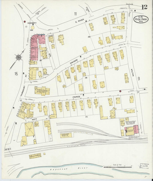 Sanborn Fire Insurance Map from Hyde Park, Norfolk County, Massachusetts (1911), Sheet #0012 - Historic Sanborn Fire Insurance Map Print, vintage old map wall art, antique decor, genealogy gift, Massachusetts Massachusetts map