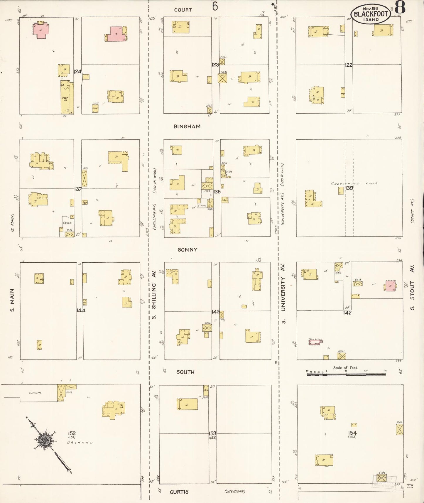 Sanborn Fire Insurance Map from Blackfoot, Bingham County, Idaho (1911), Sheet #0008 - Historic Sanborn Fire Insurance Map Print, vintage old map wall art, antique decor, genealogy gift, Idaho Idaho map