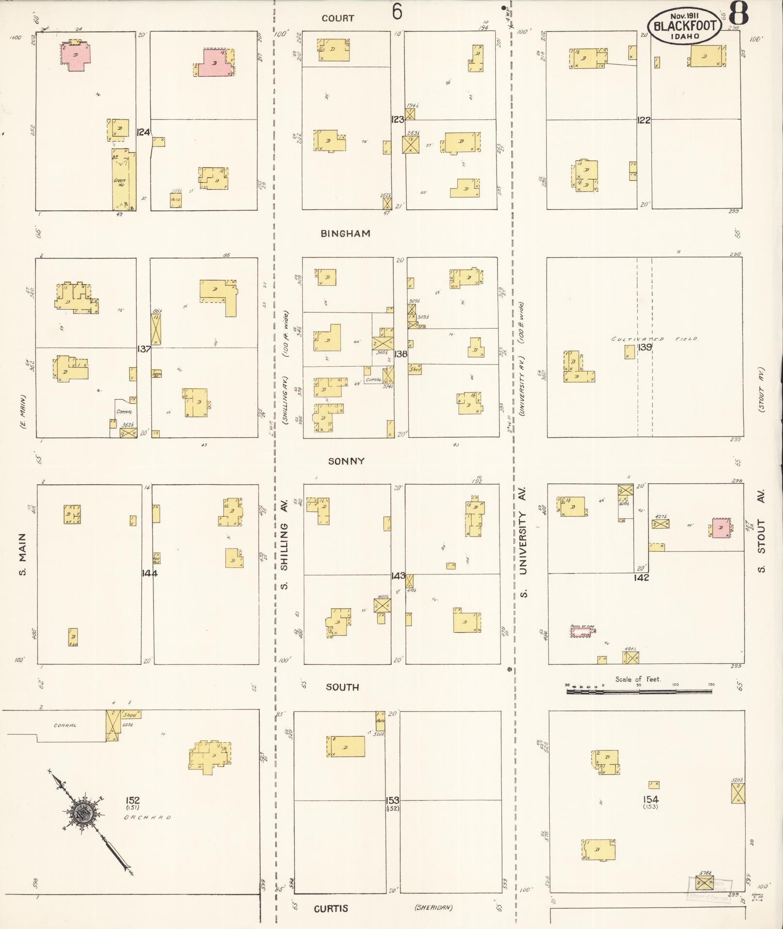 Sanborn Fire Insurance Map from Blackfoot, Bingham County, Idaho (1911), Sheet #0008 - Historic Sanborn Fire Insurance Map Print, vintage old map wall art, antique decor, genealogy gift, Idaho Idaho map
