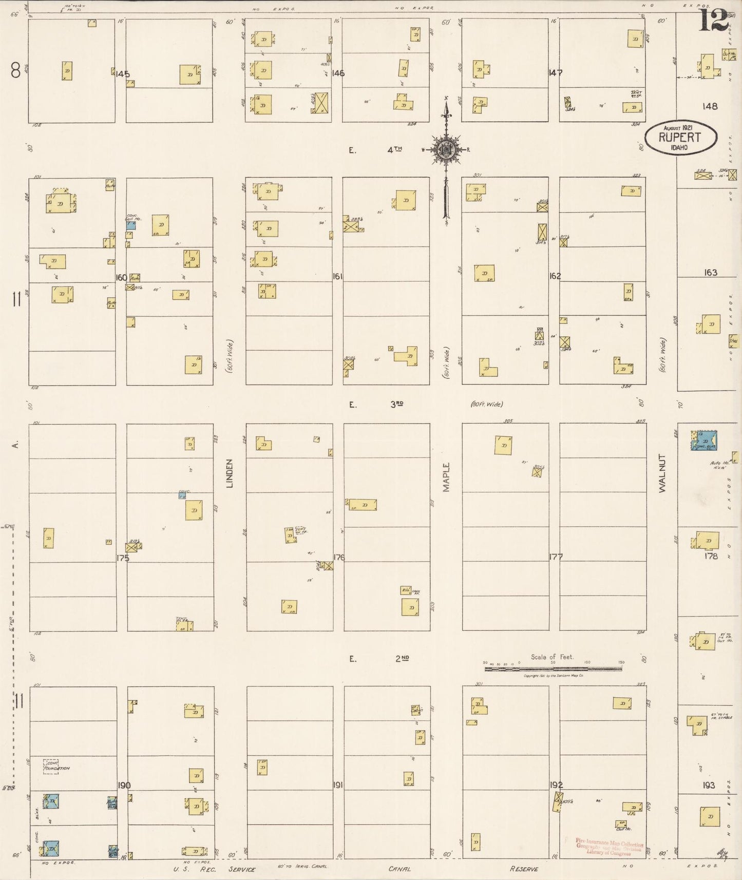 Sanborn Fire Insurance Map from Rupert, Minidoka County, Idaho (1921), Sheet #0012 - Complete Map Set gallery image, historic Sanborn map, vintage wall art, Idaho Idaho