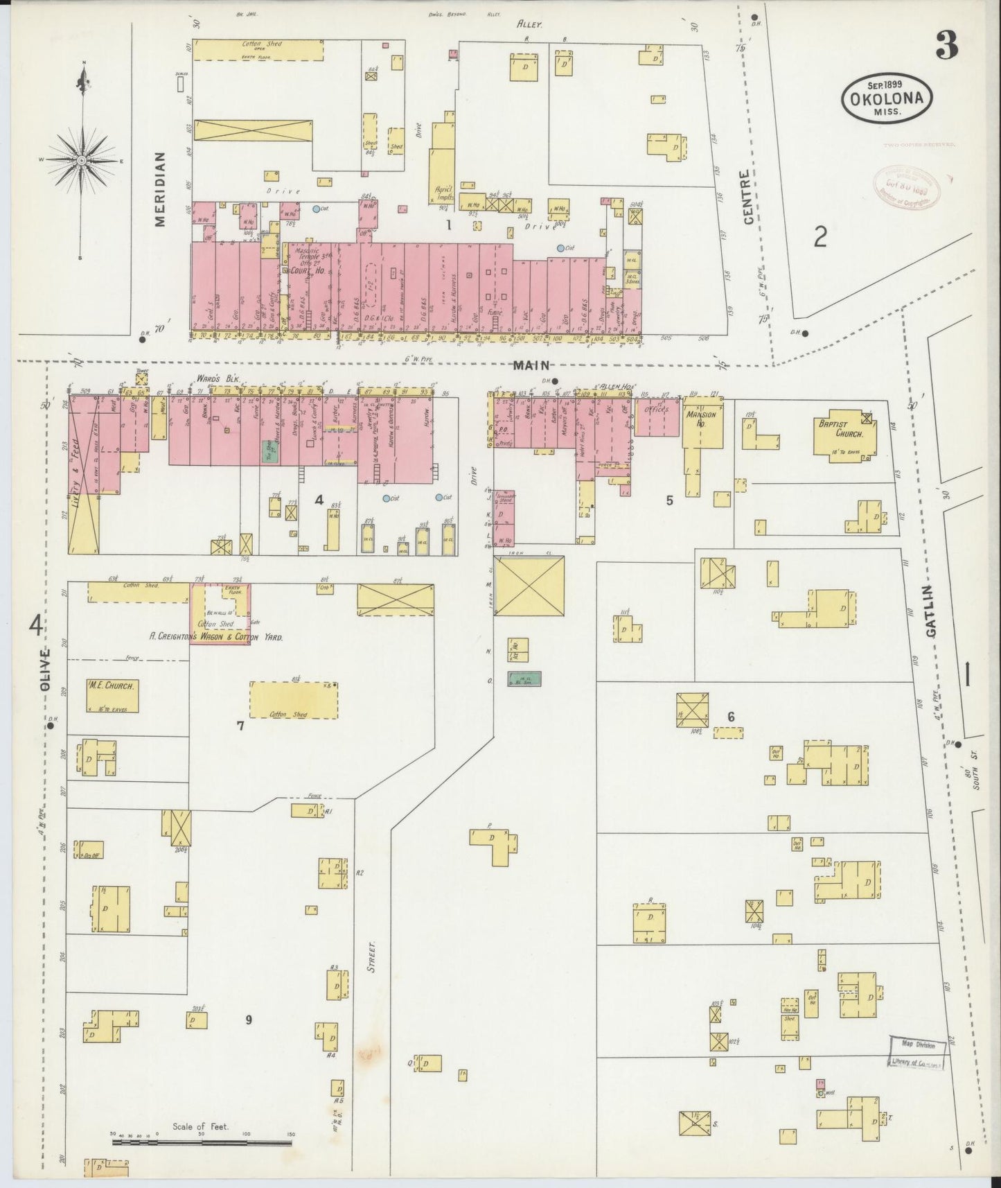 Sanborn Fire Insurance Map from Okolona, Chickasaw County, Mississippi (1899), Sheet #0003 - Complete Map Set gallery image, historic Sanborn map, vintage wall art, Mississippi Mississippi