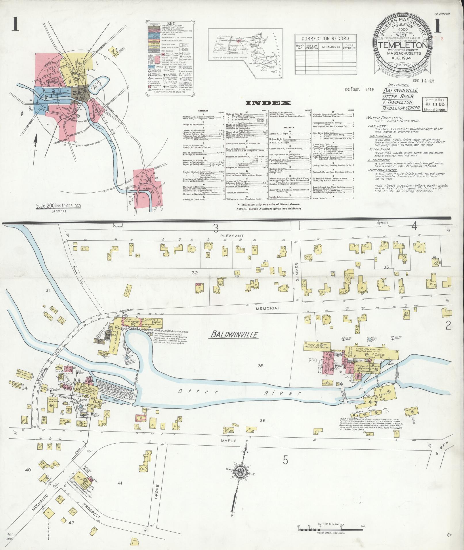 Sanborn Fire Insurance Map from Templeton, Worcester County, Massachusetts (1934), Sheet #0001 - Historic Sanborn Fire Insurance Map Print, vintage old map wall art, antique decor, genealogy gift, Massachusetts Massachusetts map