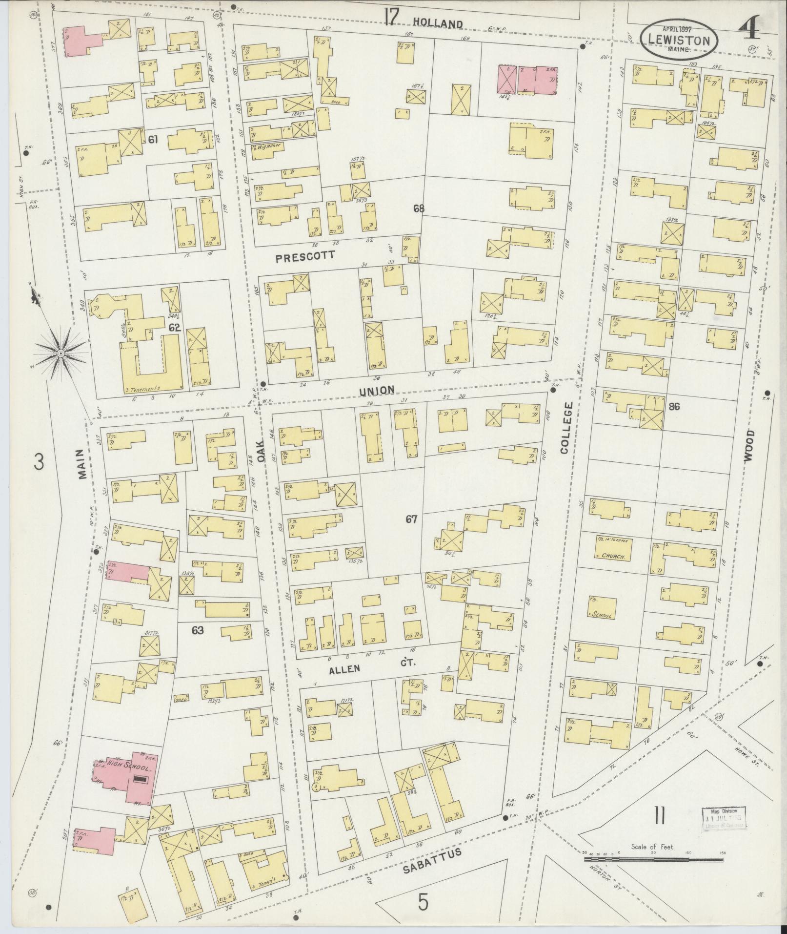 Sanborn Fire Insurance Map from Lewiston, Androscoggin County, Maine (1897), Sheet #0004 - Historic Sanborn Fire Insurance Map Print, vintage old map wall art, antique decor, genealogy gift, Maine Maine map
