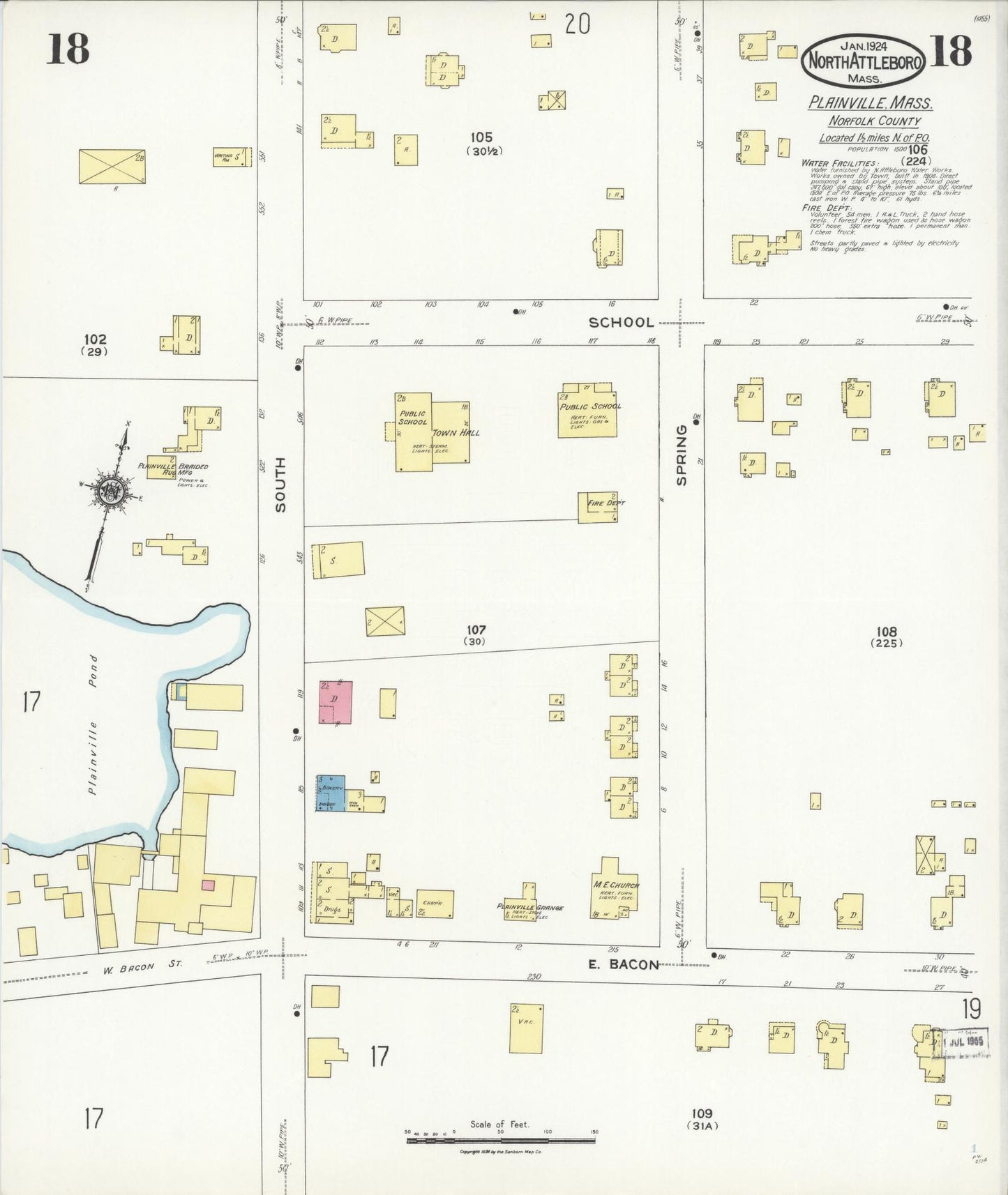 Sanborn Fire Insurance Map from North Attleborough, Bristol County, Massachusetts (1924), Sheet #0018 - Historic Sanborn Fire Insurance Map Print, vintage old map wall art, antique decor, genealogy gift, Massachusetts Massachusetts map