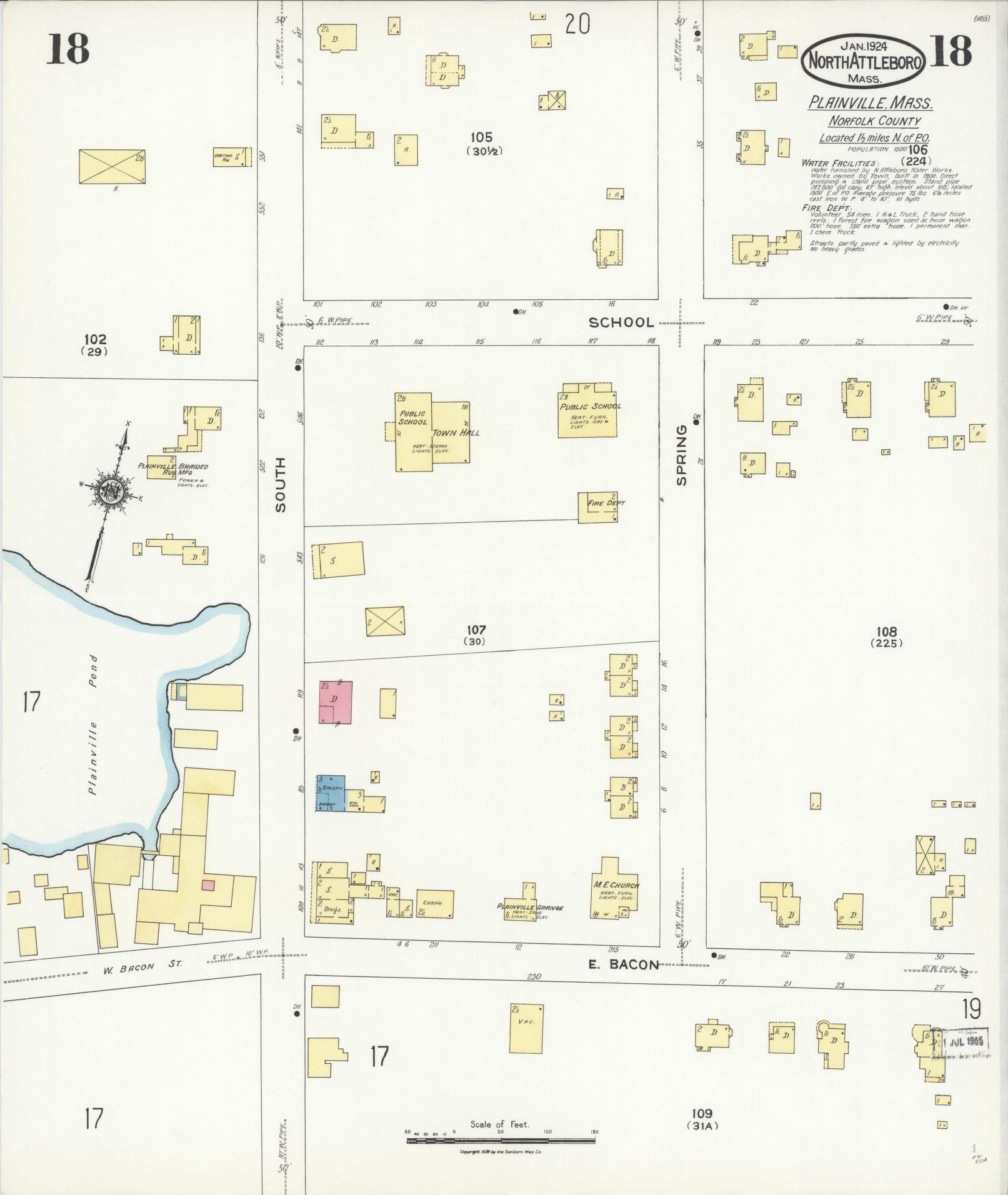 Sanborn Fire Insurance Map from North Attleborough, Bristol County, Massachusetts (1924), Sheet #0018 - Historic Sanborn Fire Insurance Map Print, vintage old map wall art, antique decor, genealogy gift, Massachusetts Massachusetts map