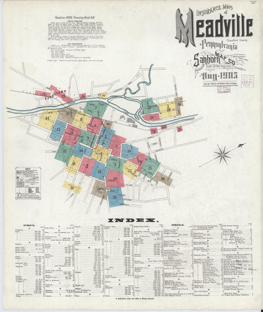 Sanborn Fire Insurance Map from Meadville, Crawford County, Pennsylvania (1905), Sheet #0001 - Historic Sanborn Fire Insurance Map Print, vintage old map wall art, antique decor, genealogy gift, Pennsylvania Pennsylvania map