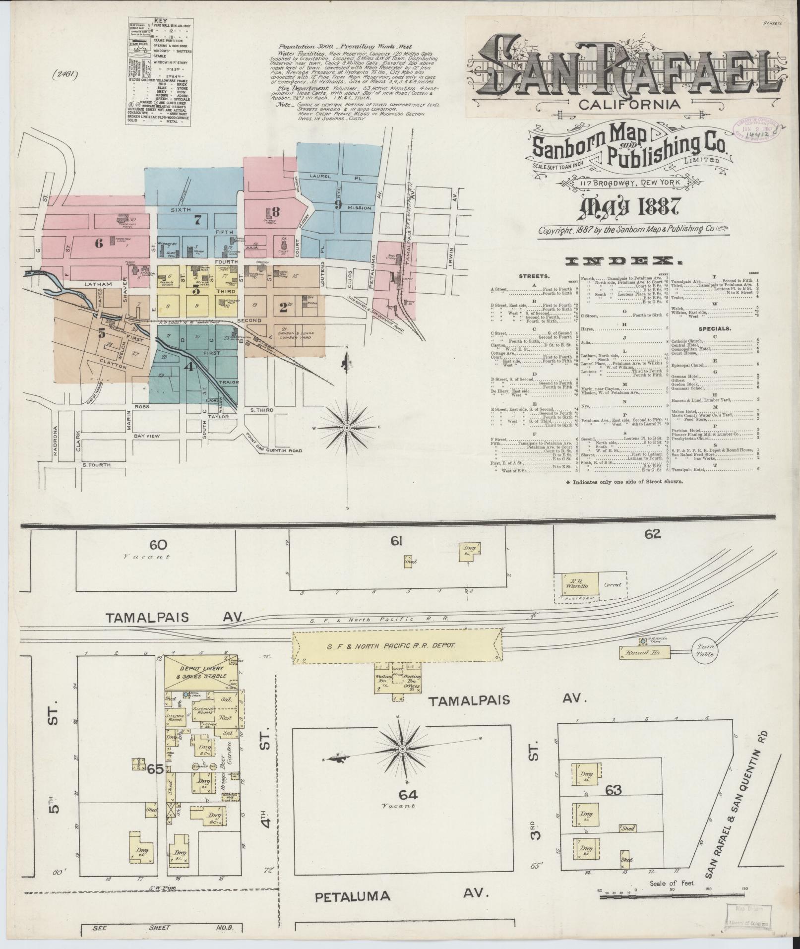 Sanborn Fire Insurance Map from San Rafael, Marin County, California (1887), Sheet #0001 - Complete Map Set gallery image, historic Sanborn map, vintage wall art, California California