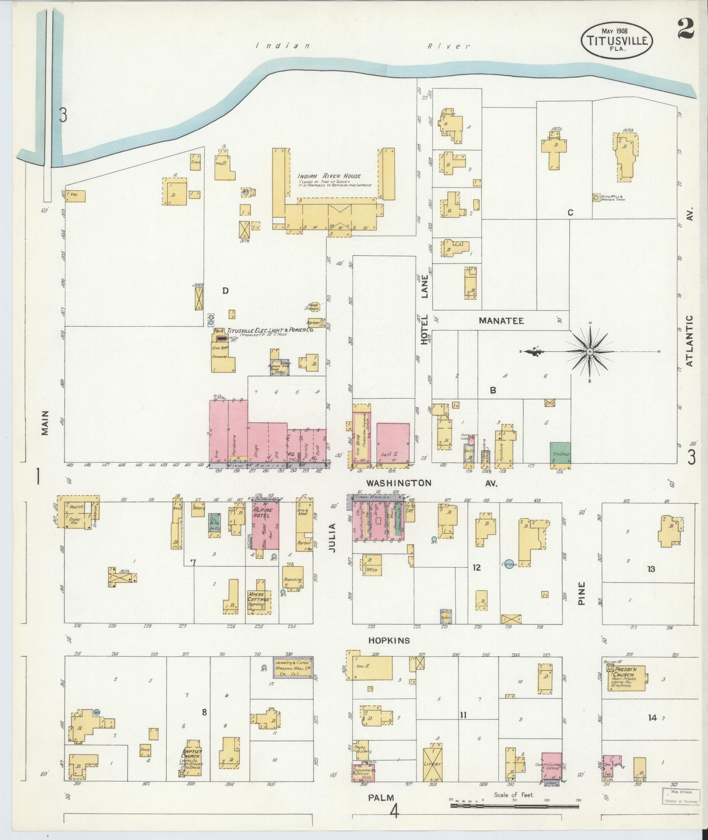 Sanborn Fire Insurance Map from Titusville, Brevard County, Florida (1908), Sheet #0002 - Complete Map Set gallery image, historic Sanborn map, vintage wall art, Florida Florida