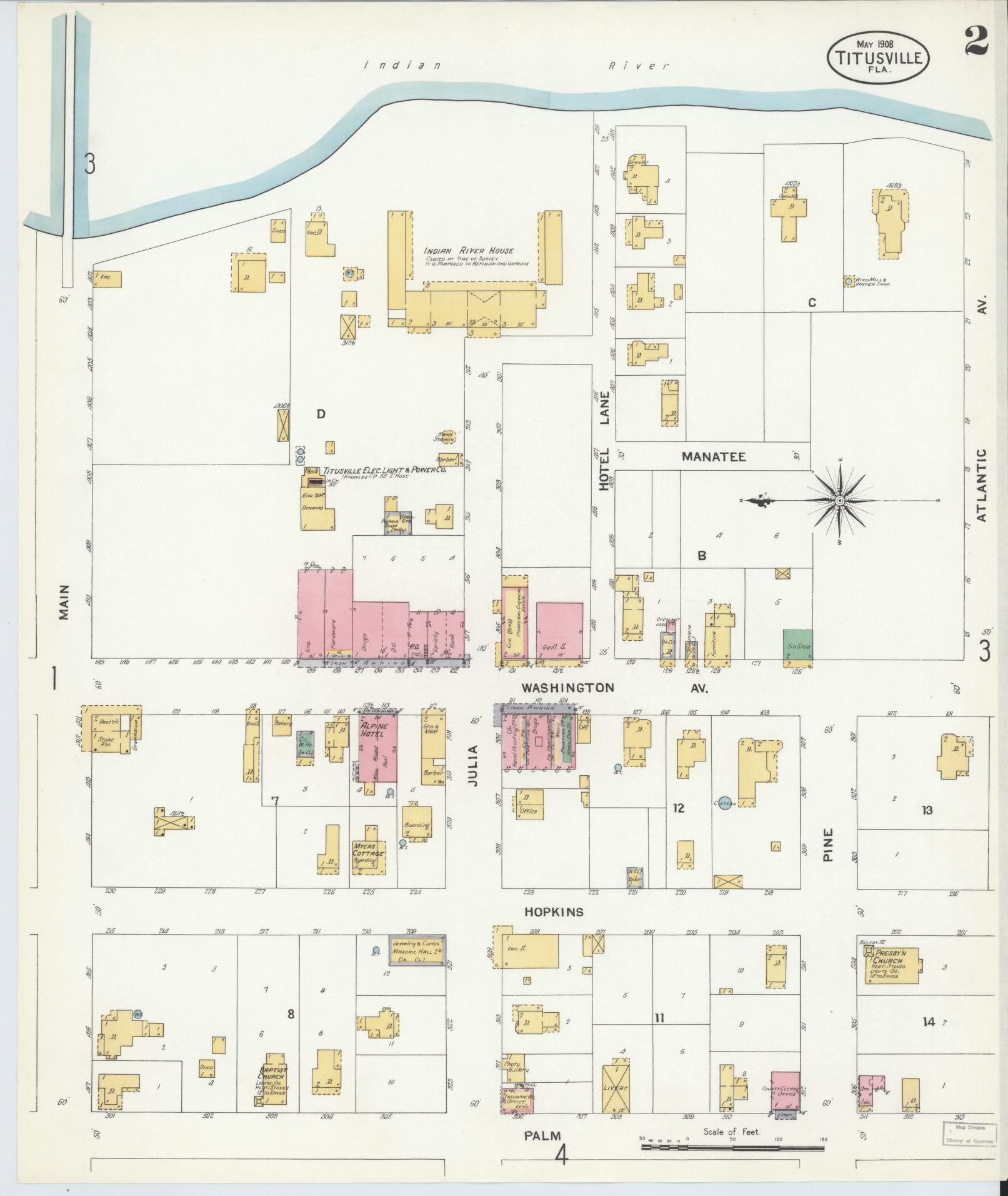 Sanborn Fire Insurance Map from Titusville, Brevard County, Florida (1908), Sheet #0002 - Complete Map Set gallery image, historic Sanborn map, vintage wall art, Florida Florida