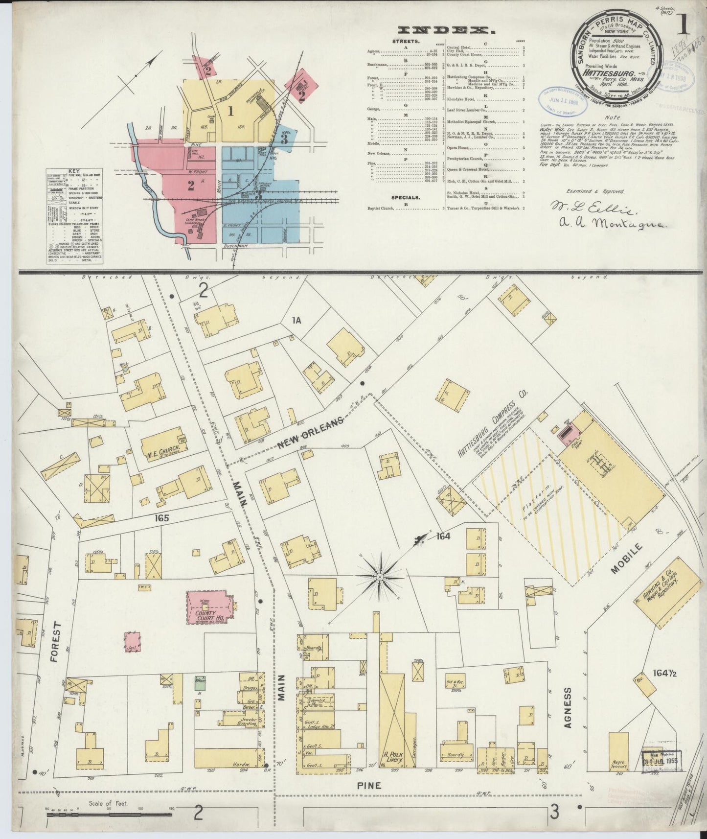 Sanborn Fire Insurance Map from Hattiesburg, Forrest County, Mississippi (1898), Sheet #0001 - Historic Sanborn Fire Insurance Map Print, vintage old map wall art, antique decor, genealogy gift, Mississippi Mississippi map